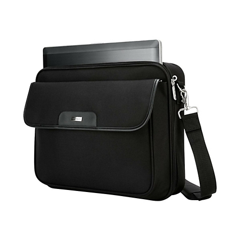 Schwarze Laptoptasche mit silbernem Schultergurt. Laptop im Hauptfach, Marke 'Targus' auf der Klappe.