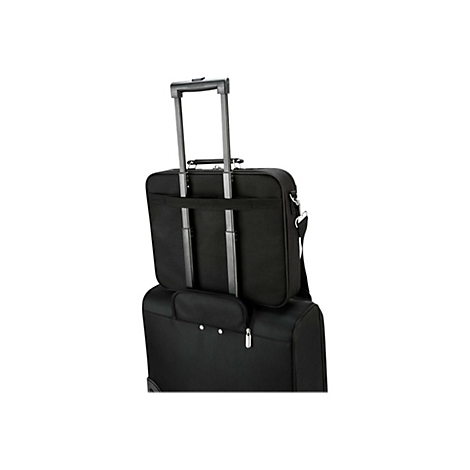 Schwarzer Trolley mit einem zusätzlichen schwarzen Aktenkoffer. Der Trolley ist aufrecht und auf weißem Hintergrund.