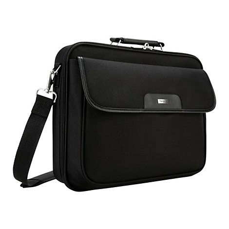 Schwarze Laptoptasche mit Schulterriemen und Tragegriff. Auf der Klappe ist das Logo von Targus zu sehen.