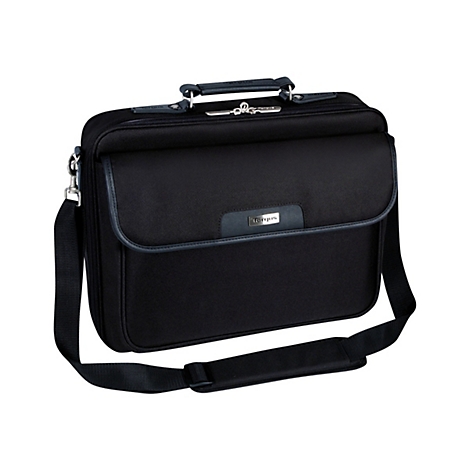 Schwarze Laptoptasche mit Schulterriemen, Henkel. Logo-Plakette: Targus.