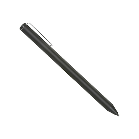 Schwarzer Stylus-Stift mit silbernem Clip, diagonal vor weißem Hintergrund.
