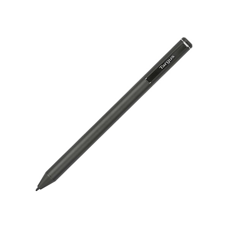 Ein schwarzer Targus-Stift liegt diagonal auf weißem Hintergrund.