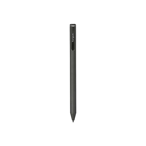 Ein grauer Stylus, die Spitze nach unten. Der Schriftzug Targus ist auf dem Stift zu sehen.