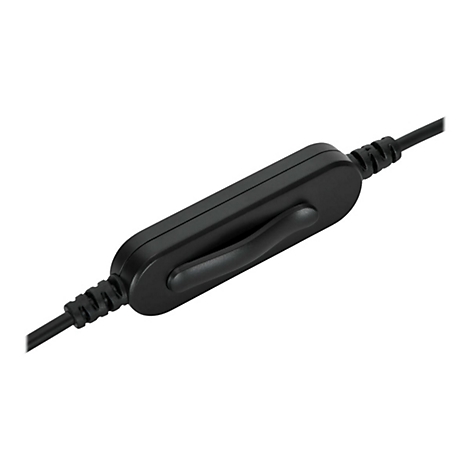 Gros plan d'un câble noir avec un boîtier de commande noir. Le contrôleur possède un interrupteur incurvé.