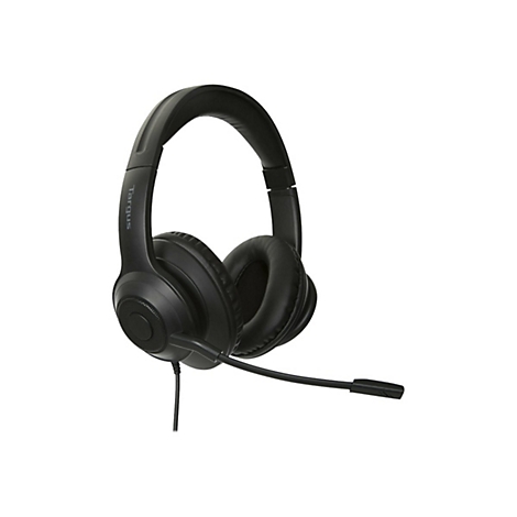 Schwarzes Headset mit Mikrofon. Der Herstellername "Targus" ist auf dem Kopfband zu sehen.