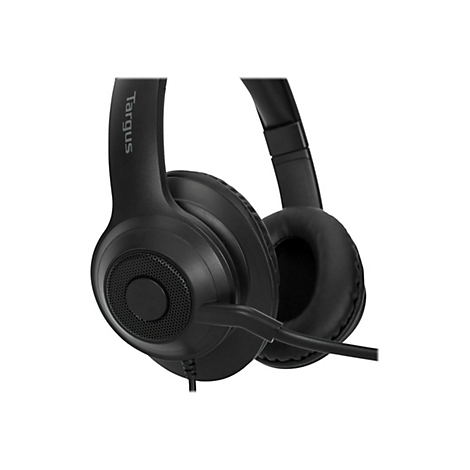Schwarzes Headset mit Mikrofon, Marke Targus. Der KopfhÃ¶rer hat runde Ohrmuscheln, ein Mikrofon und ein Kabel.