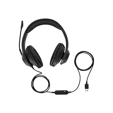 Schwarzes Headset mit Mikrofon, Kabel und USB-Anschluss auf weiÃŸem Hintergrund.