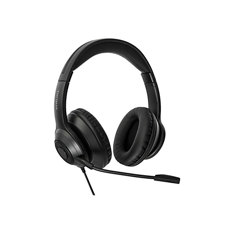 Schwarzes Headset mit Mikrofon, detailreiche Nahaufnahme.