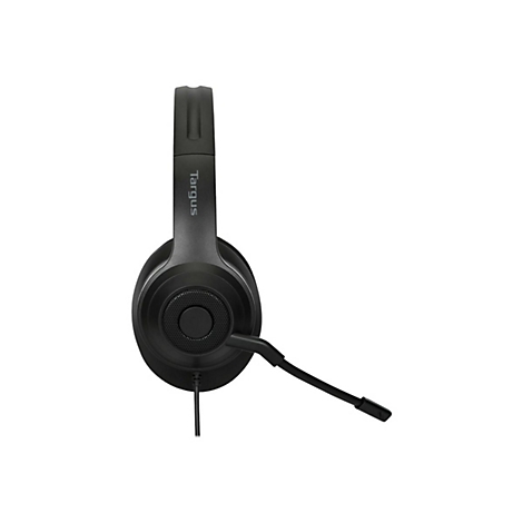 Schwarzes Headset mit Mikrofon, Targus-Logo. Detailaufnahme vor weiÃŸem Hintergrund.