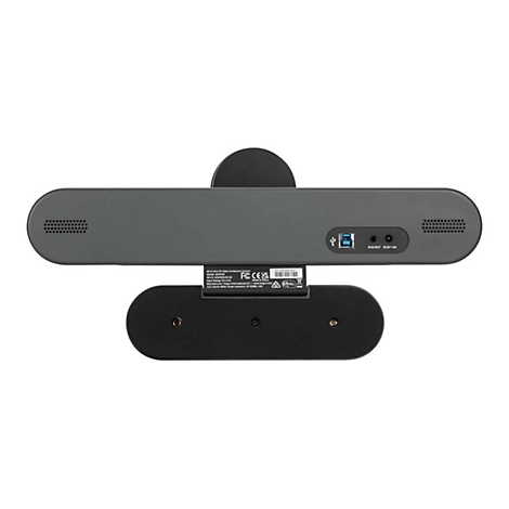 Draufsicht auf ein graues, längliches Konferenzsystem mit Lautsprecherlöchern, USB-Anschlüssen, und schwarzem Standfuß.