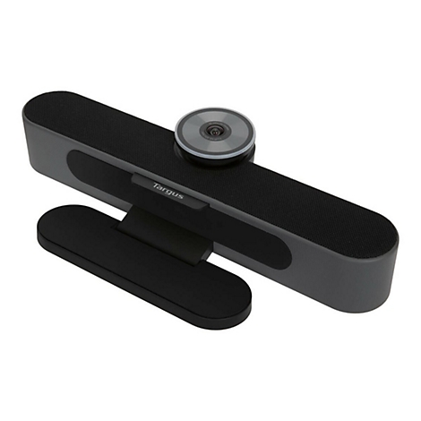 Graue Targus Webcam. Oben mittig eine Kamera, darunter ein länglicher Körper mit Lautsprecheröffnungen. Schwarzer Standfuß.