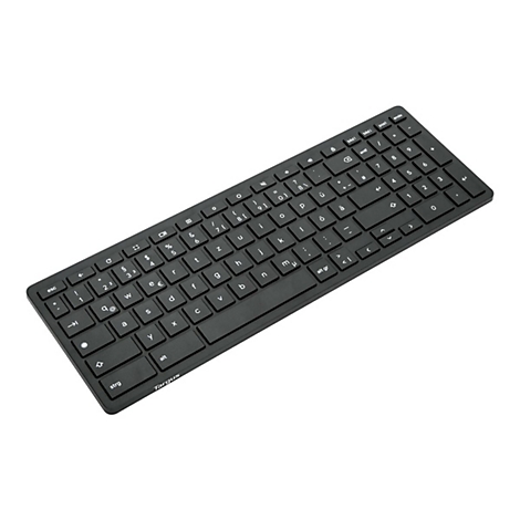 Schwarze Tastatur mit weißen Buchstaben und Zahlen, diagonale Perspektive, Marke Targus. 