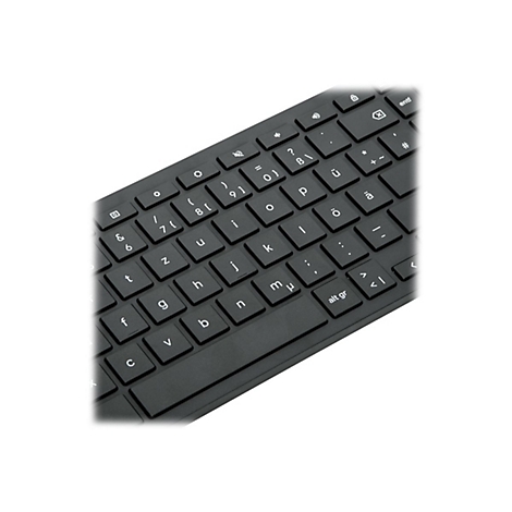 Nahaufnahme einer schwarzen Tastatur mit weißen Buchstaben und Zeichen, teilweise im Bild.
