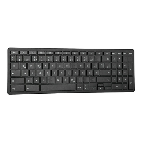 Schwarze, flache Computer-Tastatur mit deutschem QWERTZ-Layout auf weißem Hintergrund.