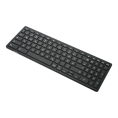 Schwarze kabellose Targus Tastatur mit deutschem Layout auf weißem Hintergrund.