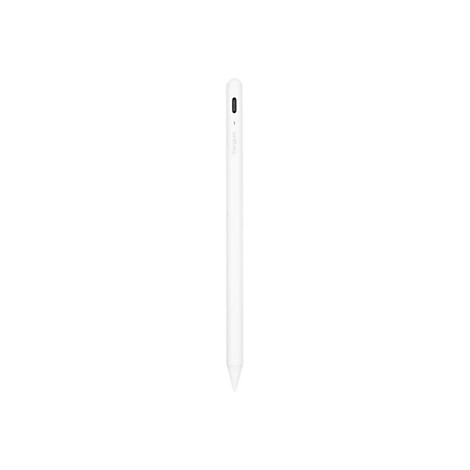 Ein weißer, schlanker Targus Eingabestift vor neutralem, weißem Hintergrund.