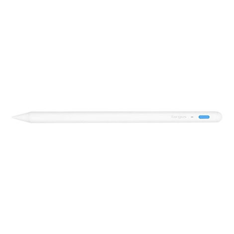 Ein weißer Targus Eingabestift mit blauer LED-Anzeige vor weißem Hintergrund.