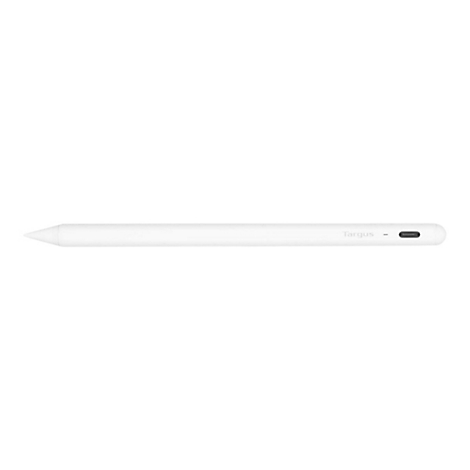 Weißer Targus Eingabestift mit spitzer Kappe und USB-C Ladeanschluss vor weißem Hintergrund.