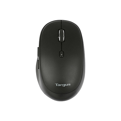 Souris d'ordinateur sans fil noire, avec molette de défilement et deux boutons. "Targus" est écrit en bas.