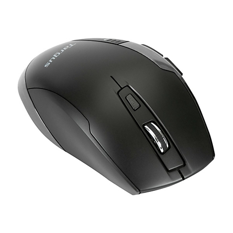 Souris d'ordinateur Targus noire avec molette de défilement et bouton DPI sur fond blanc.