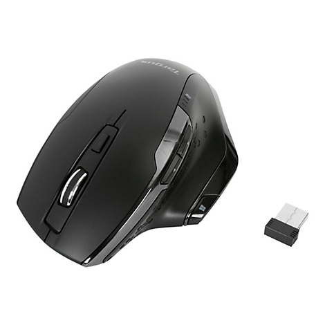 Souris sans fil noire avec la marque Targus. À côté de la souris se trouve un récepteur USB.