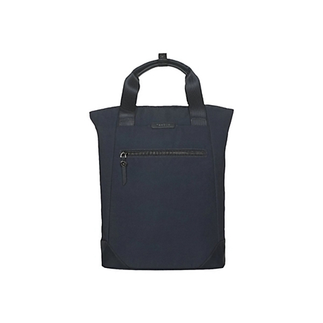 Dunkelblaue Stofftasche, schwarze Griffe, Reißverschluss, weißer Hintergrund.