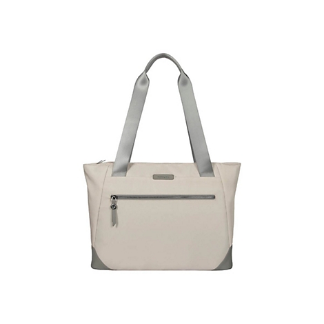 Sac fourre-tout beige avec poignées et fermeture éclair grises, isolé sur fond blanc.