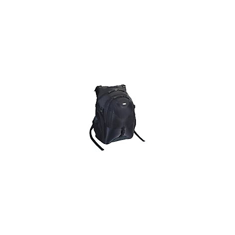 Schwarzer Rucksack vor weißem Hintergrund. Der Rucksack hat mehrere Fächer und Riemen.