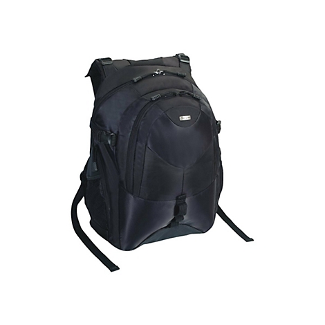 Schwarzer Rucksack mit mehreren Fächern. Sichtbar sind Tragegurte und ein Logo.