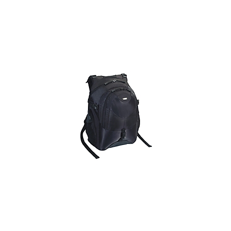 Schwarzer Laptop-Rucksack, rechteckig, gepolstert, mit Trägern und diversen Fächern.