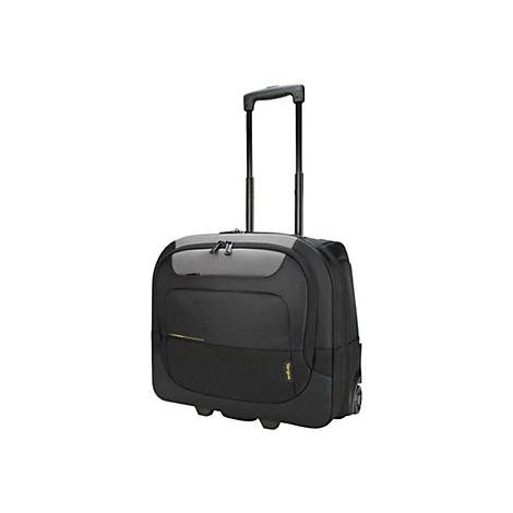 Schwarzer Trolley-Rucksack mit ausziehbarem Griff und Rädern. Grau abgesetzte obere Frontpartie, Markenschriftzug Targus.