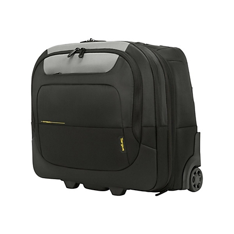 Schwarzer Trolley-Rucksack mit grauem Akzent, gelbem Schriftzug und Rollen. Marke: Targus.