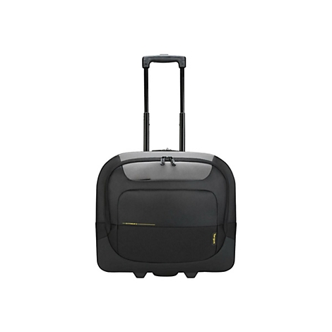 Schwarzer Trolley vor weißem Hintergrund. Ausziehbarer Griff, Reißverschlüsse und Targus Logo.