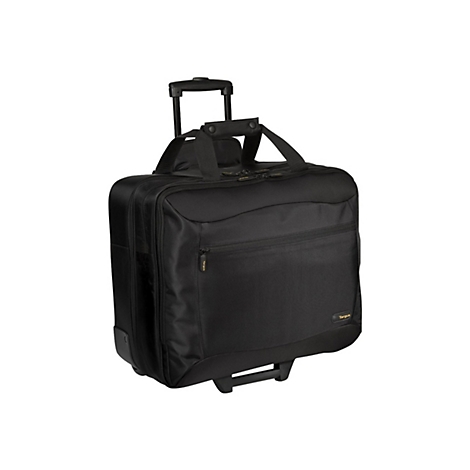 Schwarzer Trolley-Koffer mit ausziehbarem Griff und Rädern, vor weißem Hintergrund.