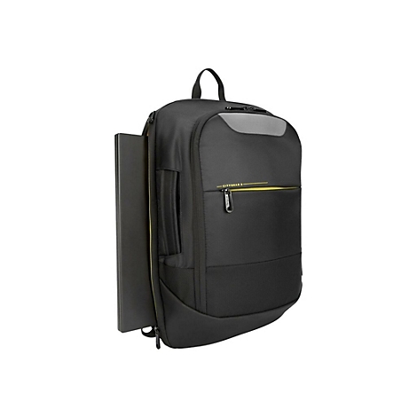 Schwarzer Rucksack mit einem Laptopfach und gelben ReiÃŸverschlÃ¼ssen.