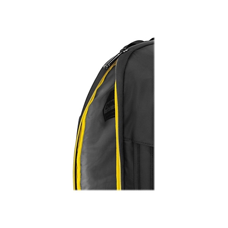 Detailansicht eines schwarzen Rucksacks mit gelben Reißverschlüssen.