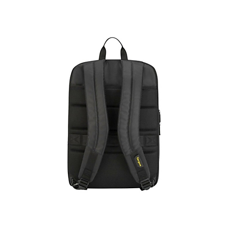 Schwarzer Rucksack von hinten, mit gepolsterten Trägern und Netzrücken, mit dem Logo "Targus".