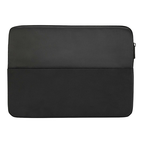 Schwarze Laptoptasche mit Reißverschluss, Oberteil glatt, Unterteil strukturiert.