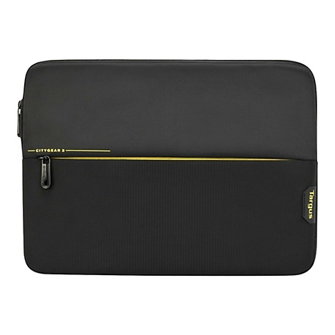 Schwarze Laptoptasche mit gelbem Reißverschluss und dem Schriftzug 'Citygear 3'. Das Logo von 'Targus' ist zu sehen.
