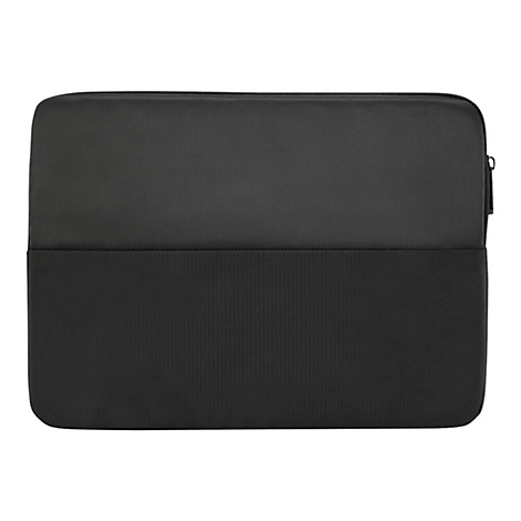 Schwarze Laptoptasche mit Reißverschluss, zweigeteilt, glatt und strukturiert.