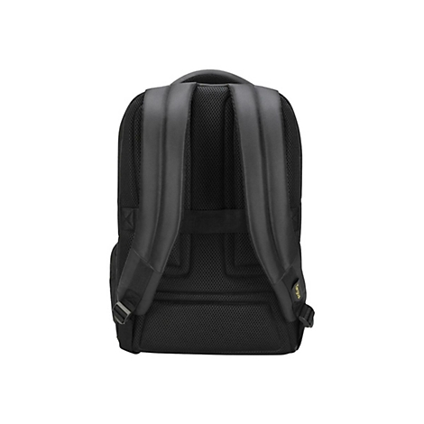 Schwarzer Rucksack von hinten, mit gepolsterten Trägern und Netzrücken, ideal für Komfort. Der Markenname Targus ist sichtbar.