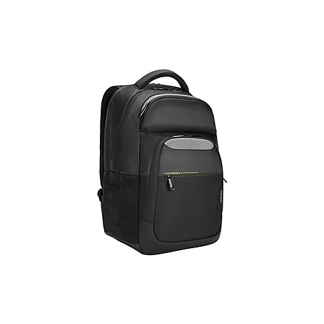 Schwarzer Laptop-Rucksack. Vorderseite mit ReiÃŸverschlusstasche und Tragegriff.