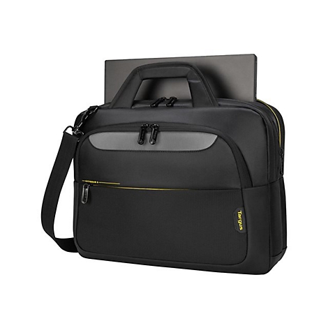 Schwarze Laptoptasche mit Laptop, grau abgesetzt, gelbe ZiernÃ¤hte, Schulterriemen.