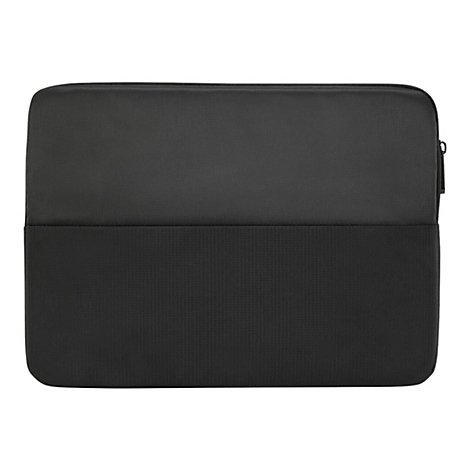 Housse d'ordinateur portable noire, divisée en deux sections, avec une fermeture éclair.