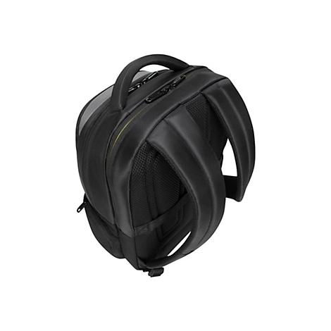 Schwarzer Rucksack mit Tragegriff und gepolsterten Schultergurten. Gelbe Naht entlang der Oberseite.