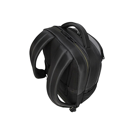 Schwarzer Rucksack in Schrägansicht, Schultergurte, Tragegriff, Reißverschlüsse.