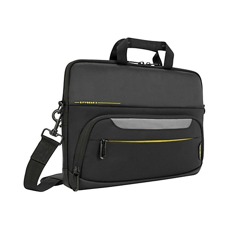 Schwarze Laptoptasche mit gelben Akzenten und Schultergurt. Auf der Tasche steht "CITYGEAR 3".