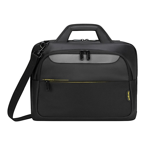 Schwarze Laptoptasche mit Schultergurt. Graue Akzente, gelbe Ziernähte und der Schriftzug Citygear 3.
