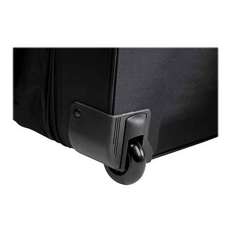 Detailaufnahme einer schwarzen Kofferecke mit Rad. Der Koffer ist aus strukturiertem Stoff, das Rad aus glattem Kunststoff.