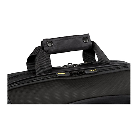 Nahaufnahme einer schwarzen Targus-Laptoptasche, mit Tragegriffen und Reißverschluss.